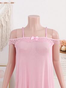 Set de 2 piezas de lencería transparente con adorno de encaje y moño, con tanga a juego, una opción perfecta para ropa de dormir - Rosa - Ver 3