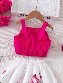 两件套女童露脐上衣，配大蝴蝶结吊带和蝴蝶印花半裙，时尚优雅，甜美可爱，适合生日派对、郊游、聚会等场合。 - 紅白色 - 查看 7