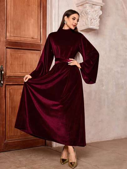 Women's Elegant Dignified Velvet Collar Waist Slimming Flared Sleeve Arabic Style Dress With Belt, Quick Ship