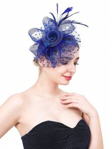 1 Peça Chapéu Fascinator Vintage Estilo Anos 20, 30 e 50 para Mulheres, Peça de Cabeça Encantadora com Laço, Flor e Véu, Adequado para Casamento, Chá da Tarde - Azul Royal - Visão 3