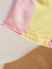 2件套女童休闲时尚彩虹条纹印花蝴蝶结无袖上衣和短裤套装，春夏款 - 粉色 - 查看 8