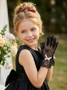 1 双女童/儿童（4-12岁）蝴蝶结蕾丝手套，黑白配色 - 1Pair - 查看 15