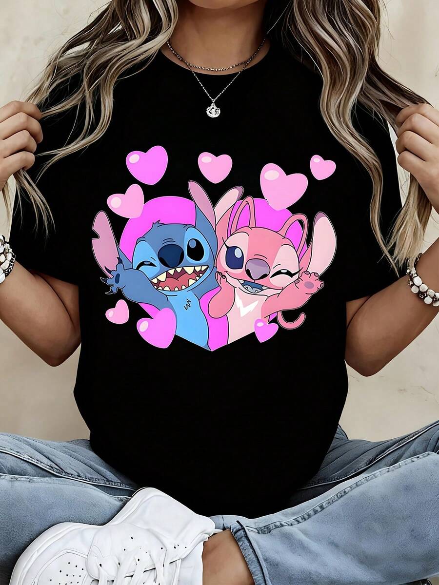 Cute Stitch And Angel Cartoon Couple T Shirt With Hearts Design For Women Casual Summer Wear White Top - 黑色 - 查看 1