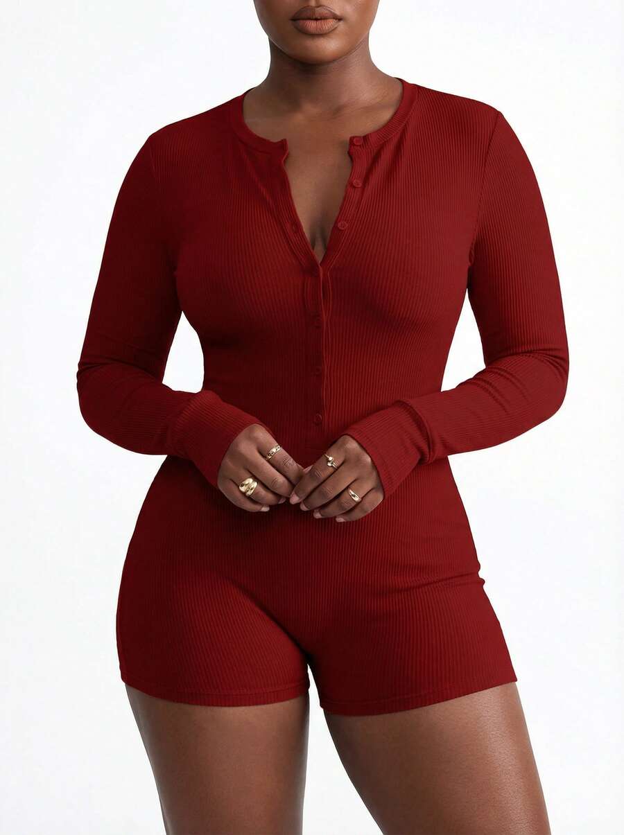 Blazique Bộ áo liền quần Mystra Casual Button Decor dáng ôm, thích hợp cho mùa Xuân/Thu. - Màu Đỏ Sâu - Xem 1