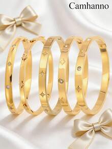 Camhanno 5/1pc Refined & Stylish Stainless Steel Bracelet - With Stylish Star Pattern Details, It Suits Daily Commute To Add A Subtle Romantic Flair To Casual Or Formal Attires, Blending Into Everyday Life Smoothly; Adds A Charming Touch To Party Gatherings - Gold - View 8
