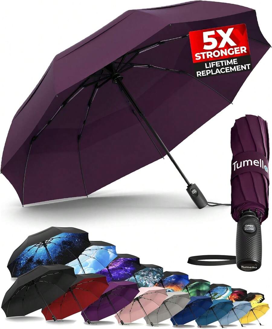 TUMELLA - Paraguas de viaje resistente al viento (compacto, superior y hermoso), pequeño, probado por viento, ligero y portátil, paraguas plegable automático, agarre duradero de alta calidad, se - E. Coloreado profundamente - Ver 1