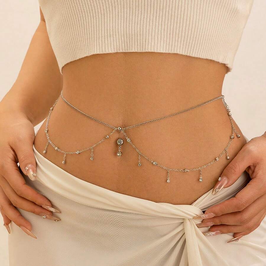 Belly Buttom Ring With Waist Chain, Summer Beach Multi-Layer Crystal Bikini Rhinestone Navel Piercing Dangle Belly Button Rings Waist Chain Sexy Belly Body Chain Jewelry For Women - Multicolor - View 1