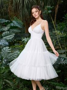 Faeriesty Elegant White Multi-Layered Tulle Mid-Length V-Neck Sleeveless A-Line Netted Party Dress, Suitable For Parties, Wedding Guests, Beach, Vacation - White - View 1