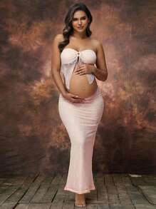 Irresista 孕妇蕾丝抹胸镂空裙两件套适合拍摄婴儿洗礼 - 米色 - 查看 1