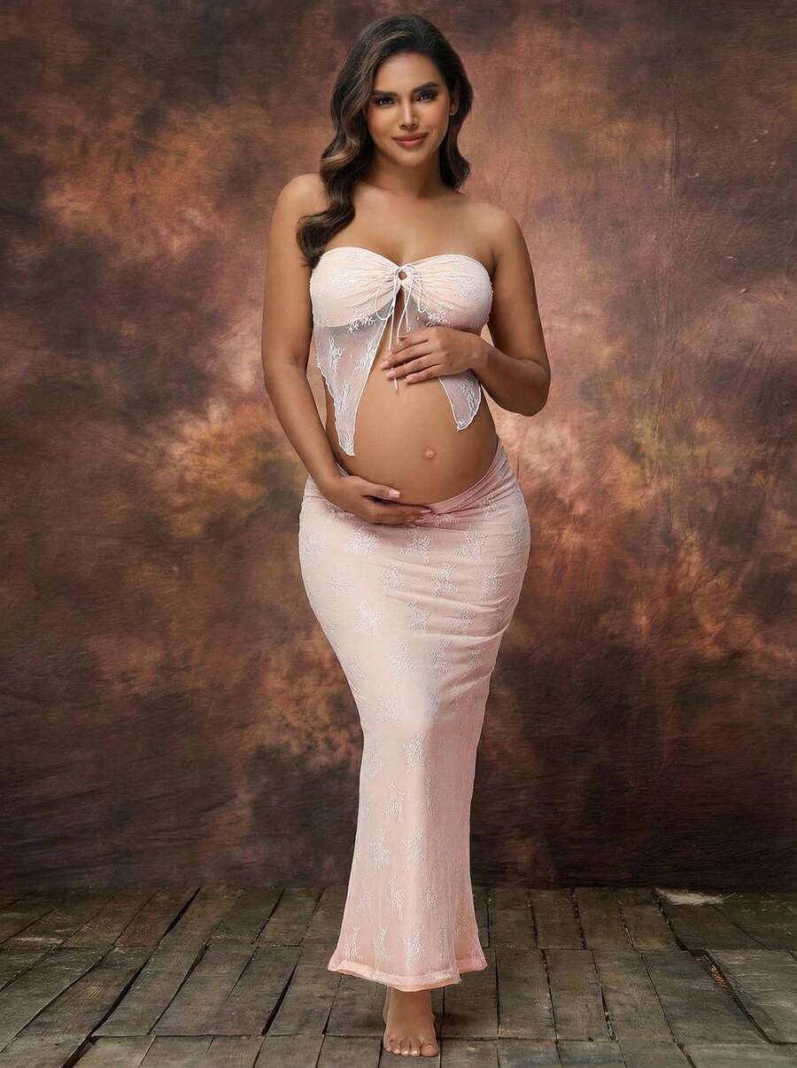 Irresista 孕妇蕾丝抹胸镂空裙两件套适合拍摄婴儿洗礼 - 米色 - 查看 1