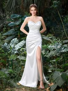 Faeriesty Elegante vestido de satén plisado sin tirantes de cola de sirena blanco con abertura alta, adecuado para fiestas, galas, bodas de primavera - Blanco - Ver 5