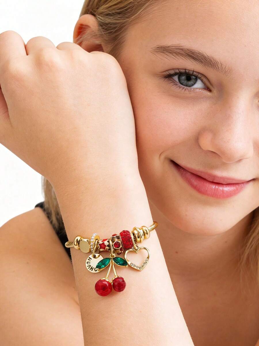 1 Peça Pulseira com Vários Pendentes de Cereja, Pulseira com Pingente de Coração Oco, Pulseira com Pingente de Estrela e Sol, Pulseira de Contas com Furo Grande, Adequada para Uso Diário, Presente, Dia das Mães, Dia dos Namorados, Pulseira Versátil de Presente - Pulseira - Visão 1