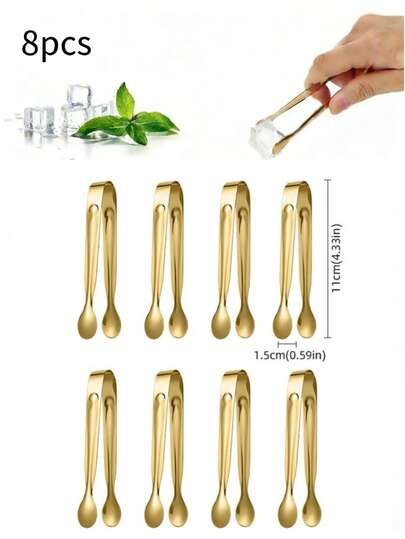8pcs Stainless Steel Tongs For Sugar Cubes, Ice Cubes, Mini Fruits, Candies, Suitable For Kitchen, Restaurant, Cafe, Afternoon Tea, Dessert