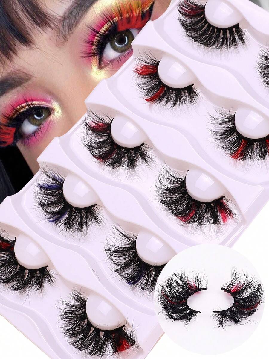 7对彩色仿貂毛假睫毛，猫眼款，100%纯手工制作，蓬松凌乱的3D条纹假睫毛，适合舞台和派对场合使用。 - 彩色 - 查看 1