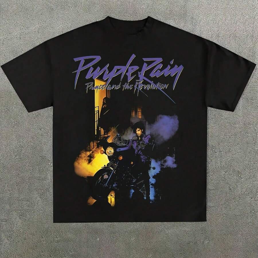 Men's Black Purple Rain Prince Graphic Tee, Street Life Printed Short Sleeve T-Shirt, School, Summer Casual, Unisex - 黑色3 - 查看 1