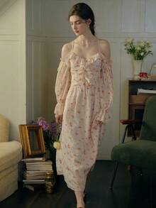 Simple Retro Váy hai dây tay phồng xếp ly cho nữ, thích hợp cho kỳ nghỉ hè và xuân, váy hoa cho nữ, váy hai dây. - Màu be - Xem 4