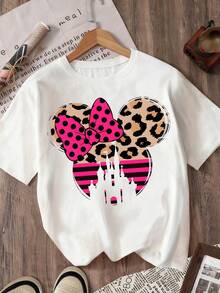 Disney White Background Minnie Mouse Leopard Print Polka Dot Bow And Castle Print Loose Short Sleeve T-Shirt - Sweet And Cool Casual Top - 白色 - 查看 3