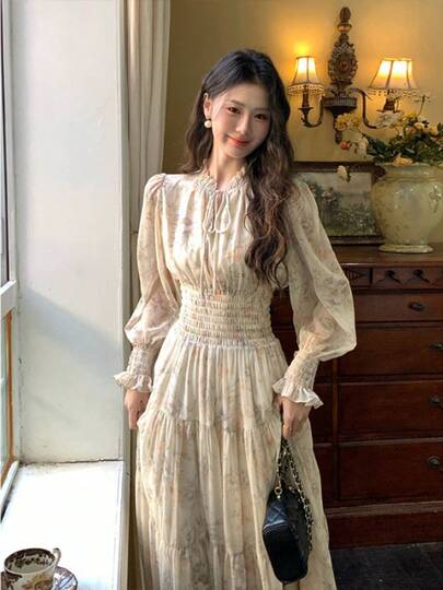 早秋 レディースシャンブレーフレンチフラワーチュールワンピース｜ウエスト締り 超おしゃれロングドレス