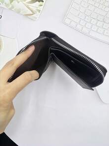 男士奢华仿皮钱包，压纹顶部，光滑黑色仿皮主体，拉链封口，多个卡槽，大容量，缝线设计——送给父亲、丈夫或兄弟的完美礼物 - 彩色 - 查看 6