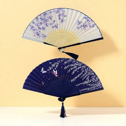 Unisex Bamboo Silk Folding Fan, Suitable For Dance, Cosplay, Wedding Party Decor, Available In White And Blue, Durable Material, Suitable For Any Occasion
