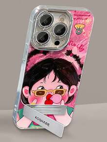 1个电镀闪粉全包卡通女孩手机壳，带3D金属支架，兼容 11/12/13/14/15/16/17/Pro Max - 玫紅色 - 查看 2