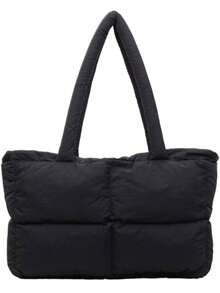 新款女士简约大容量棉质单肩包，单肩手提包 - 黑色 - 查看 9