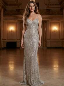 闪亮、性感、优雅的派对亮片拉链露背吊带正式晚礼服 - 淺灰色 - 查看 1