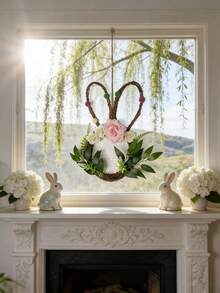1 pieza Guirnalda decorativa de estilo nórdico y minimalista con forma de conejo de mimbre para decoración del hogar en Pascua y primavera, que mejora el ambiente festivo y aporta una sensación de frescura y naturaleza primaveral, decorada con flores y verdor, adecuada para pared, entrada o puerta (color pompón aleatorio) - Multicolor - Ver 5