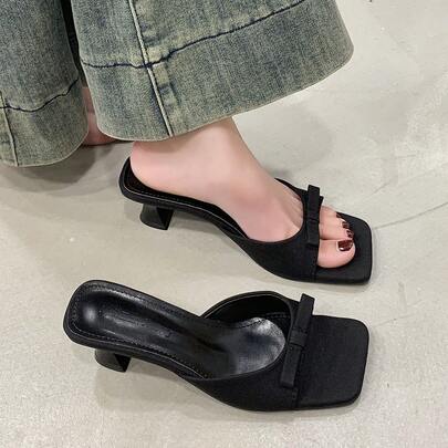 女士高跟凉鞋，方头，绑带，猫跟，仙女风，夏季面料，黑色蝴蝶结，户外高跟鞋