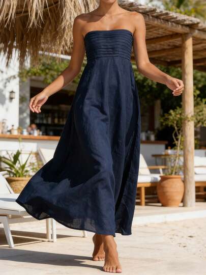 Women's Tube Top Dress Strapless Sleeveless Solid Color A-Line Long Dress Summer Party Dress