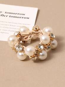 1个女士优雅米色珍珠水钻编织发圈，时尚发髻固定器，潮流发饰，马尾辫发圈，发绳，橡皮筋，发绳，弹力发圈 - 彩色 - 查看 8