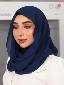 1 Peça Balaclava Feminina de Cor Sólida, Máscara de Esqui, Aquecedor de Pescoço, Faixa de Cabeça Elástica, Turbante, Respirável, Confortável, Elástica, Faixa Larga, Absorvente de Suor, Antiderrapante, Multifuncional, Acessório Esportivo, Lenço de Moda Minimalista, Capuz e Lenço de Chiffon Combo - Azul Marinho - Visão 3