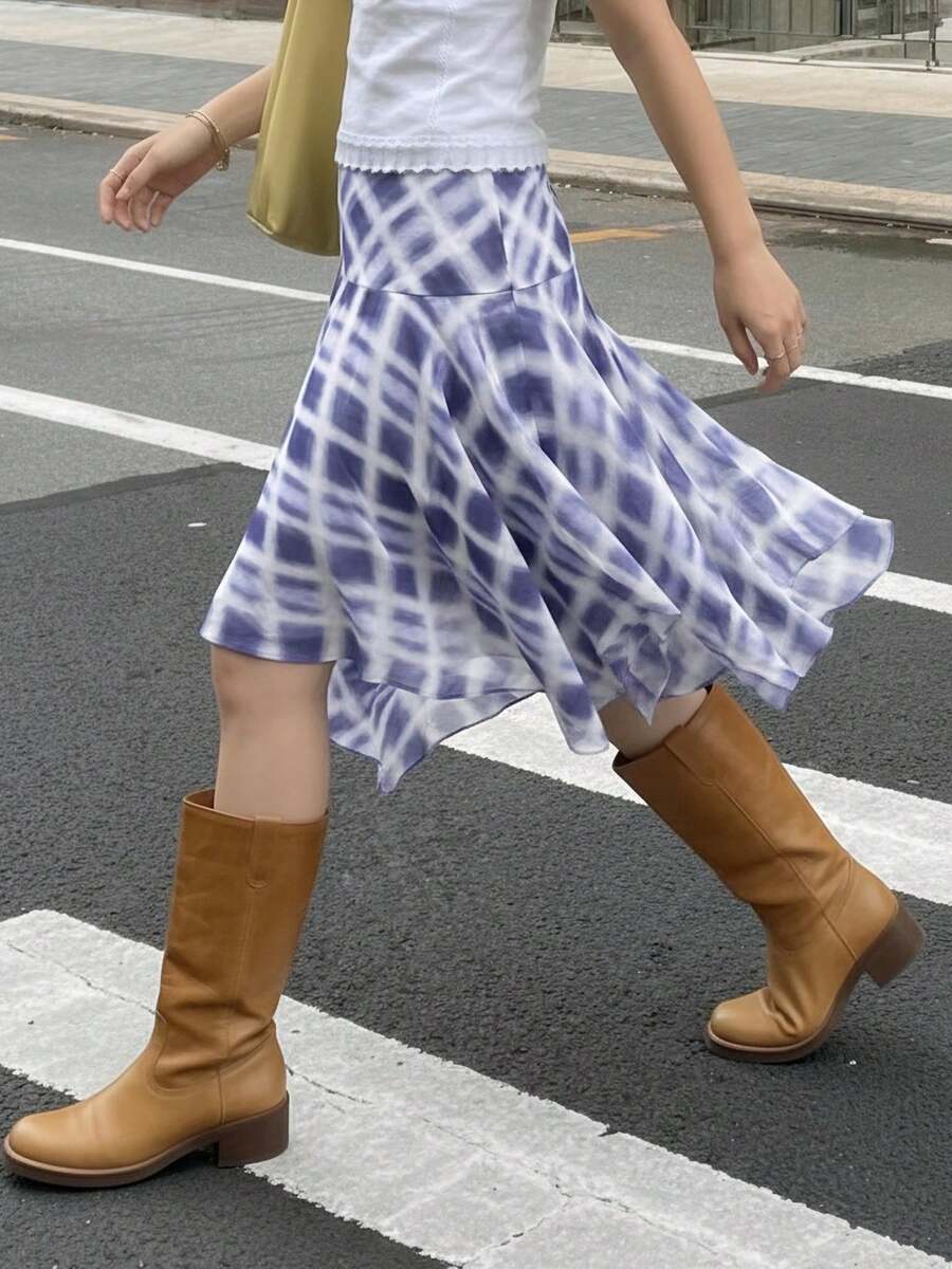 女士优雅不对称下摆格子半身裙，商务休闲街头风时尚单品，格子裙，优雅不对称/不规则下摆半身裙，适合海滩、办公室、日常、旅行、机场、春秋季穿着。 - 紫色 - 查看 1