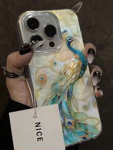 中国风孔雀纹理彩绘高端雪纺银色极简时尚手机壳，兼容 17/17 Pro/17 Pro Max/16 Pro Max/16 Pro/15/15 Pro Max、Apple P13/P14/P11/P12/XS/XR/7/8 Plus/7/8/S2/A14/A15/S23 Ultra/A50/A12/A32/A52/A72/A51/A21S/A13/A14/S22 Ultra/S23/A33/A53/S20 FE手机保护套 - 彩色 - 查看 3