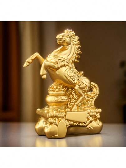 1 pieza Estatua decorativa de caballo dorado de resina duradera - Adecuada para decoración del hogar y oficina, ornamento auspicioso del Año Nuevo Chino