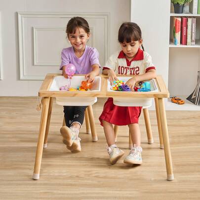 Sensory Table And Chairs Set, Toddlers Activity Table With 2 Stools, 2 Storage Bins & Paper Roll Holder, Indoor/Outdoor Play Sand And Water Table, Wooden Kids Sensory Table - Gift For Boys Girls