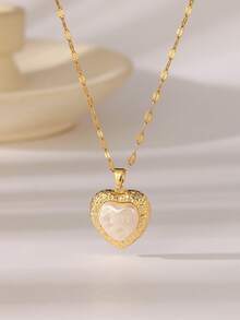 1pc Stainless Steel Bone Pendant Necklace With Water Drop & Heart Charms, Fashion Jewelry Gift For Women, Mothers, Mother's Day - Gold - View 3
