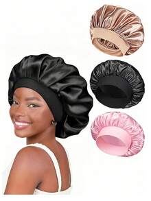 1pcs Silk Sleep Bonnet Set - Satin Hair Wrap For Curly/Natural Hair With Soft Elastic Band (Black & Gold), Gentle Night Cap For Hair Protection & Frizz Control - 彩色 - 查看 1