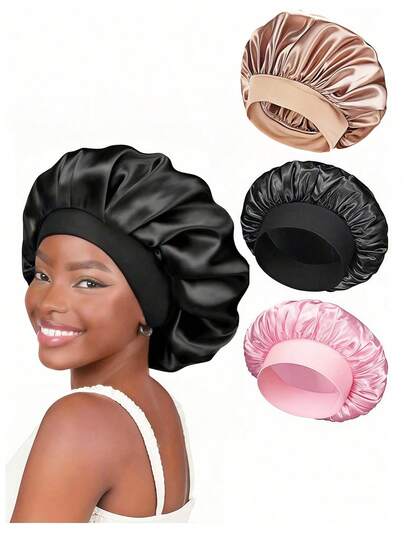 1pcs Silk Sleep Bonnet Set - Satin Hair Wrap For Curly/Natural Hair With Soft Elastic Band (Black & Gold), Gentle Night Cap For Hair Protection & Frizz Control