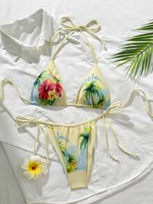 新款柔软加垫印花挂脖系带优雅派对比基尼套装，女士夏季沙滩时尚泳装 - 黃色 - 查看 3