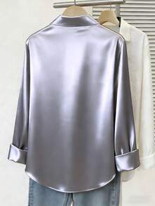 Plus Size Women's Fashion New Arrival Casual Satin Button-Up Shirt Spring - Grey - View 2