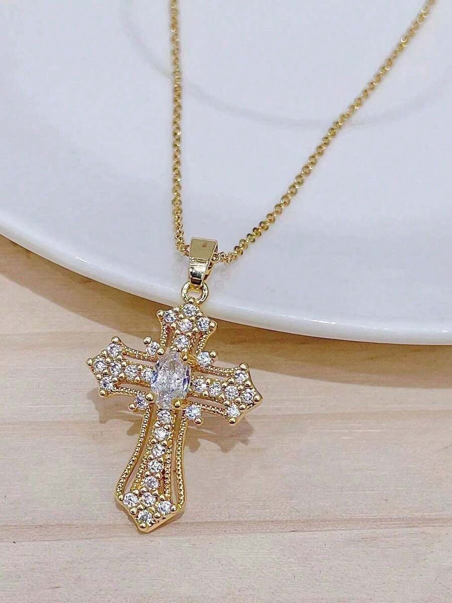1pc Women's Copper Zirconia Cross Dainty Casual Versatile Necklace - Yellow Gold - View 1