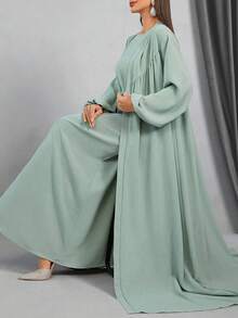 "Women's Solid Color Lantern Sleeve Long Loose Maxi Abaya Robe Jacket And Long Dress Set,Modest Abaya Sets,Fairycore,Boho Women Clothes,Wedding Guest Dress Women" - Mint Green - View 1