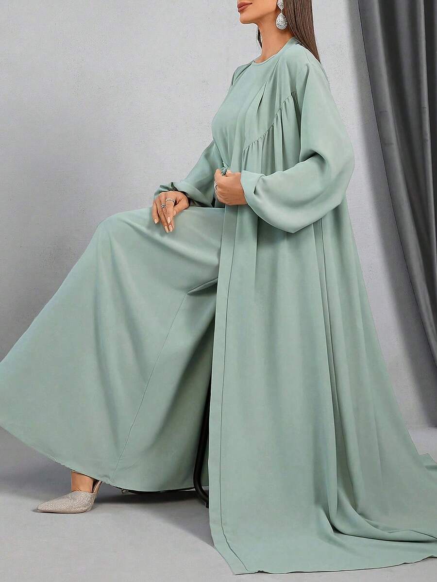 "Women's Solid Color Lantern Sleeve Long Loose Maxi Abaya Robe Jacket And Long Dress Set,Modest Abaya Sets,Fairycore,Boho Women Clothes,Wedding Guest Dress Women" - Mint Green - View 1