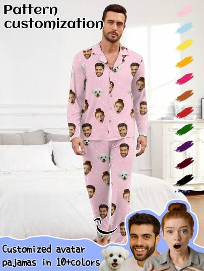 Printstory Customized Men/Women Portrait, Pet Cartoon, Holiday Themed Interesting Long Sleeve Pajama Set, Loungewear