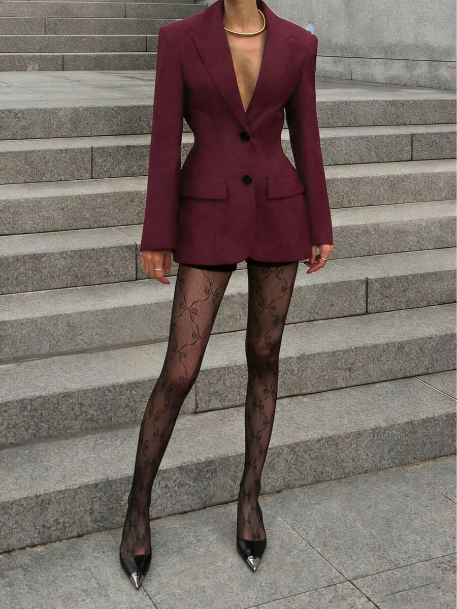 Elegant French Style Lapel Collar Fitted Blazer Jacket For Women, Casual Commuter Wear, Autumn/Winter - Red - View 1