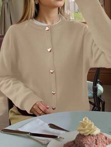 女士秋冬新款法式浪漫休闲百搭简约别致心形图案针织开衫 - 杏色 - 查看 4