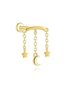 Brincos de cartilagem em prata de lei 925 com formato de lua, modelo 1 peça, com corrente e base plana. Hipoalergênicos, ideais para piercings na cartilagem, daith, conch, tragus e hélix. Uma ótima opção de presente para mulheres. - Ouro - Ver 14