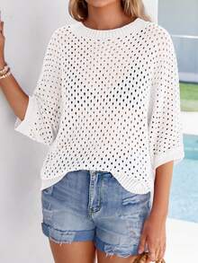 Women's Summer Crochet Top - Hollow-Out Batwing Sleeve Cover-Up, Cute Pullover Knitwear, Beach Vacation Outfit - trắng - Xem 4