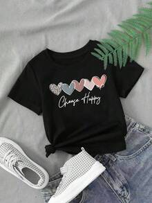 Girls' Casual Heart Print Round Neck Short Sleeve T-Shirt, Summer - Black - View 1